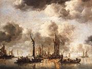 A Dutch Yacht Firing a Salute as a Barge Pulls Away and Many Small vessels at Anchor